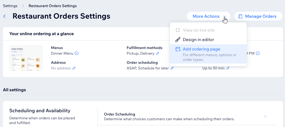 The Restaurant Orders Settings page, selecting to add a new ordering page