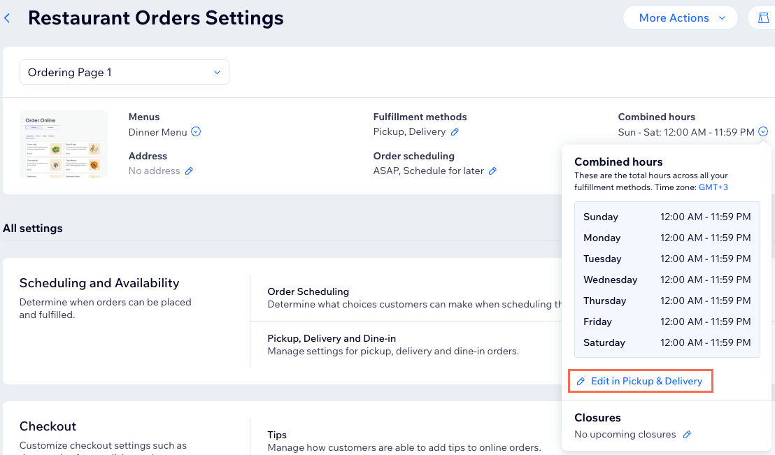 A screenshot of accessing the hours of an ordering page.