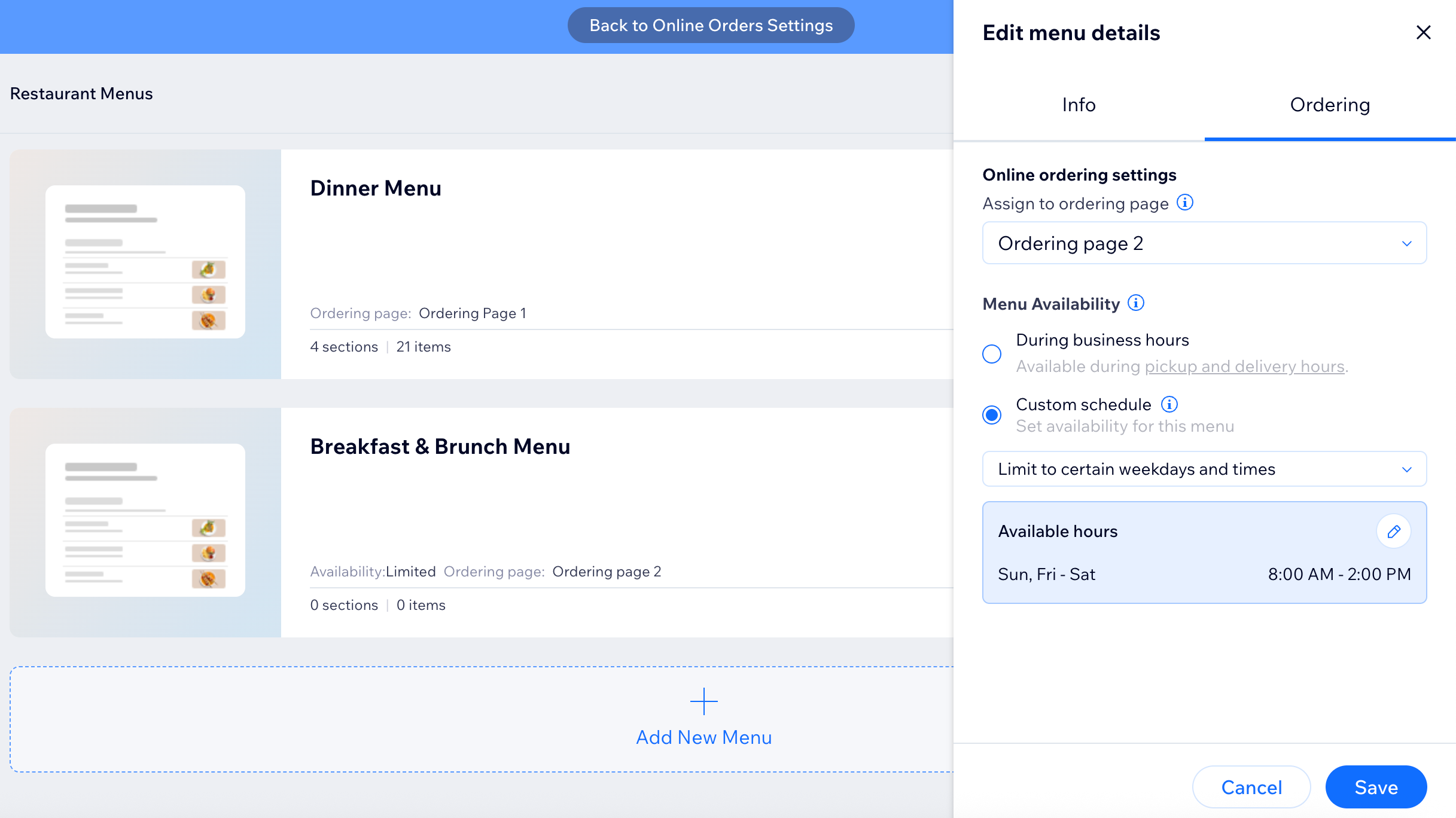 The Ordering tab when editing the menu details, the menu is assigned to the new ordering page on a custom schedule