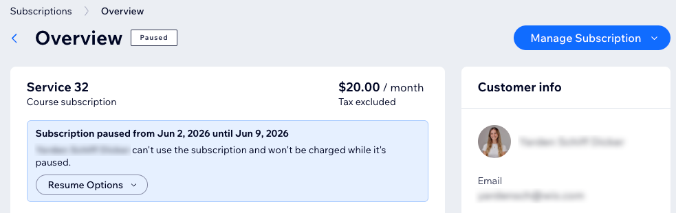 The overview page of a paused course subscription, showing an indication the subscription is paused