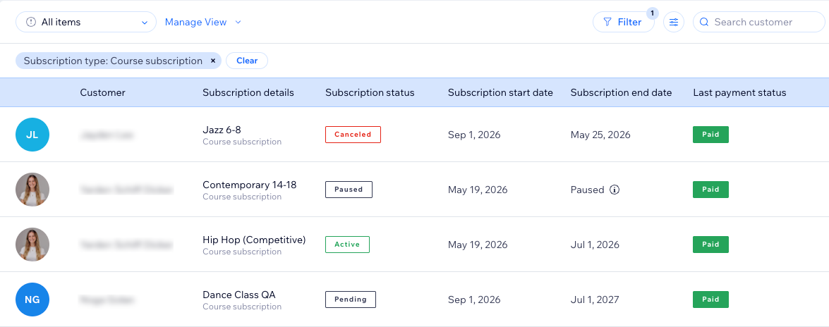 The Subscriptions list, filtered by the course subscription type