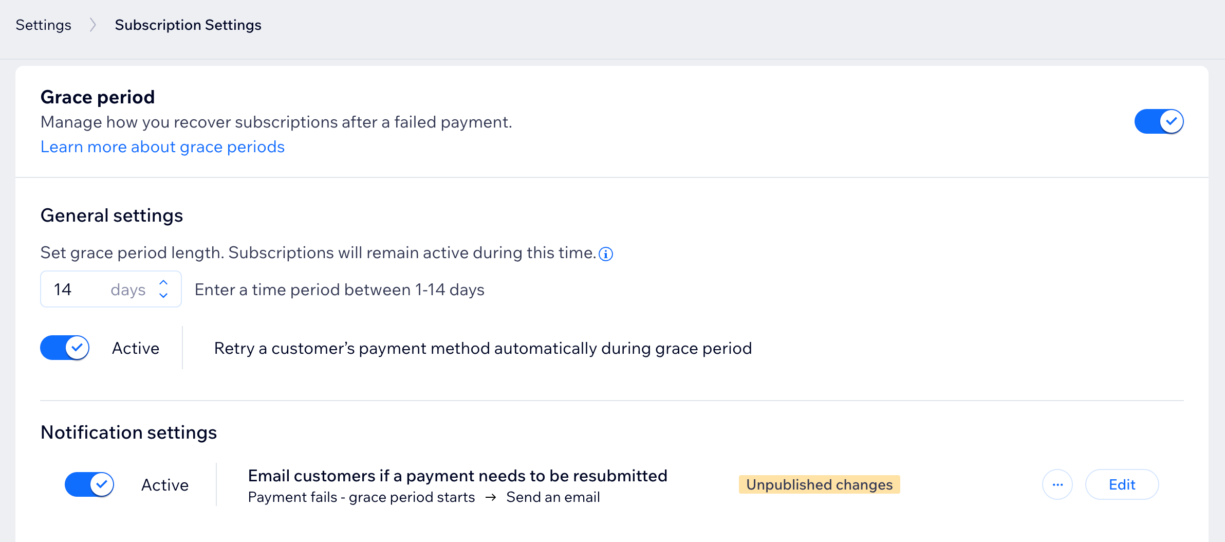 Enabling the grace period in the subscription settings