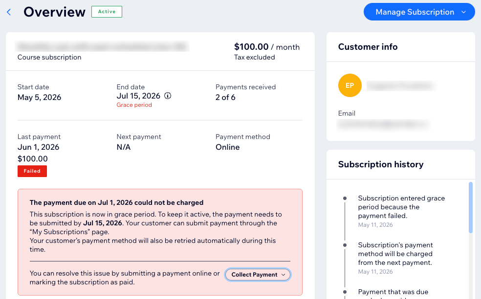 A subscription overview in the Wix dashboard, showing a failed payment