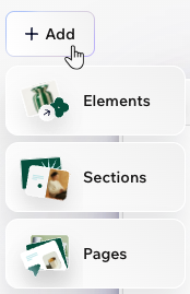 The options that appear when hovering over + Add in the Wix Harmony Editor