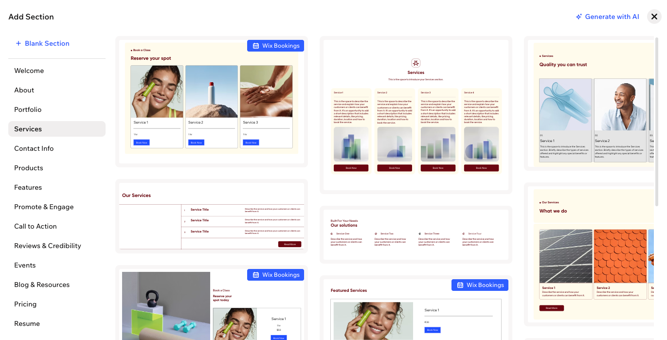 The Add Section panel in Wix Harmony, showing the Services tab alongside the option to create a blank section or use AI