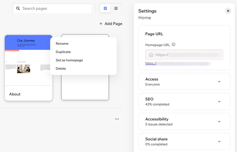 Screenshot van het pagina's beheren-paneel in de Wix Harmony-editor, Meer acties-menu wordt weergegeven.