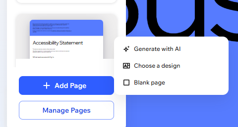 Wix Harmony-editor, voeg pagina-opties toe en beheer ze die worden weergegeven. Weergegeven pagina-opties toevoegen.