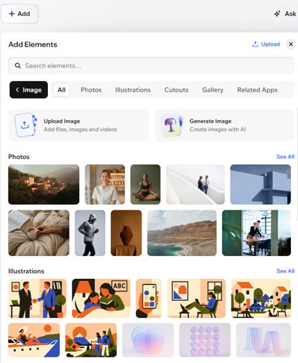 screenshot of add elements panel in wix harmony editor, image selected.
