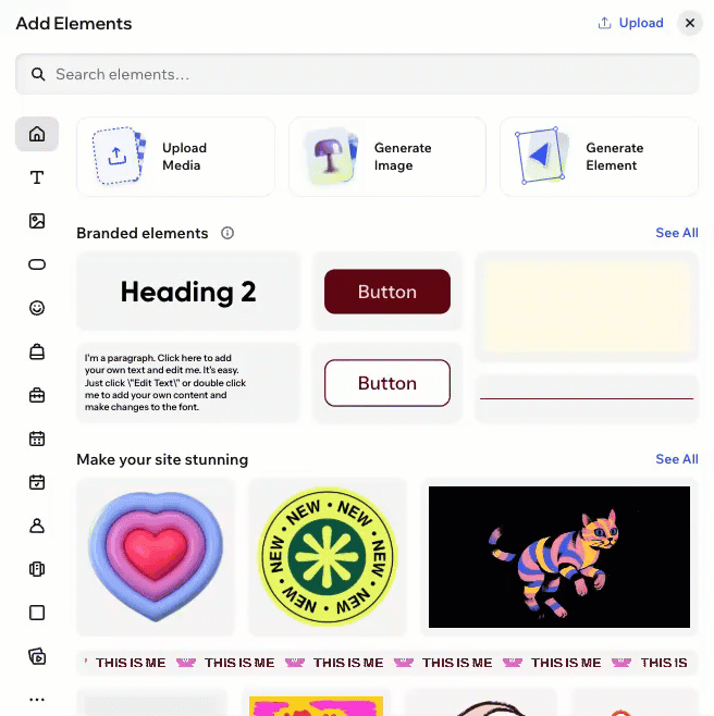 The add elements panel in wix harmony editor, showing the home tab.