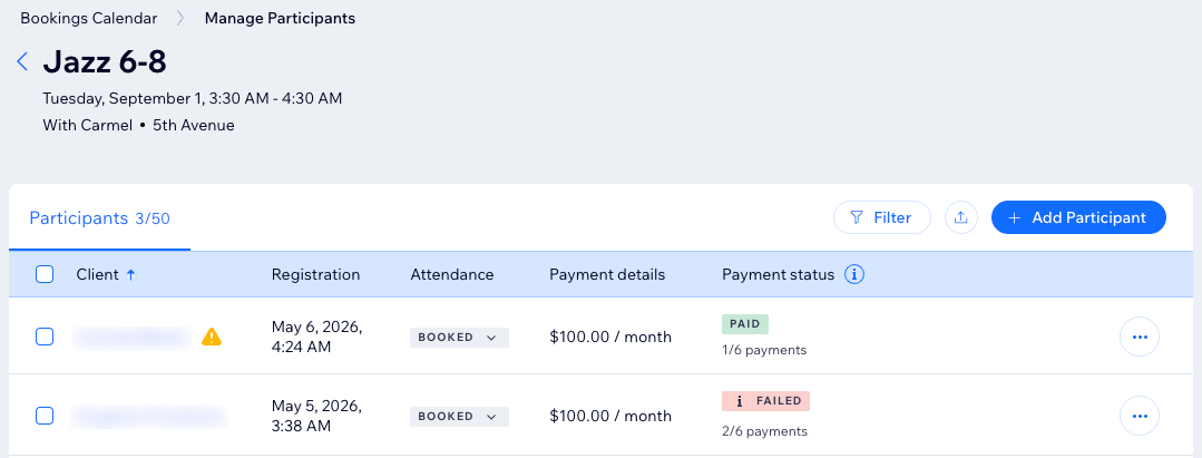 The participant list of a course in the Wix dashboard, showing the participant details and payment status