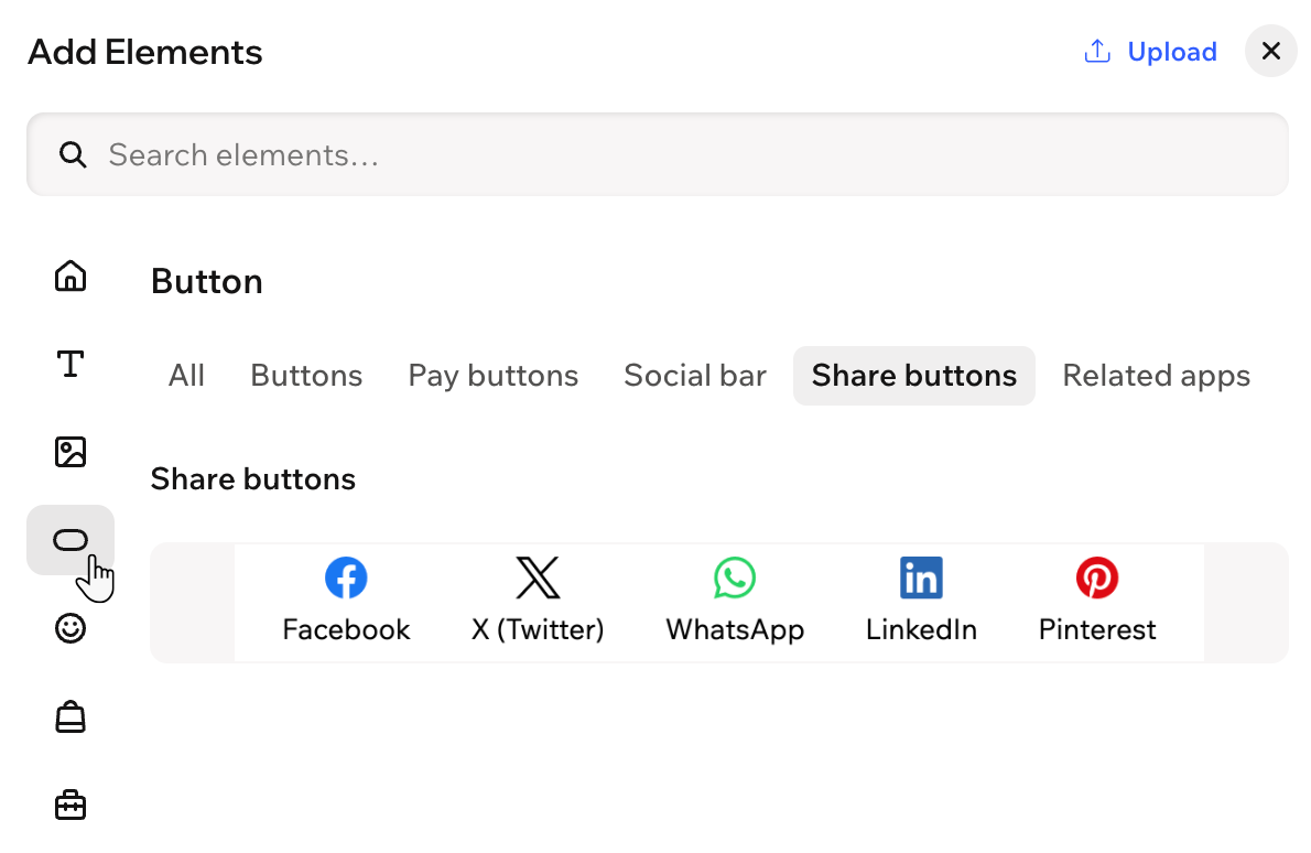 A screenshot of the share buttons available in the Add Elements panel.
