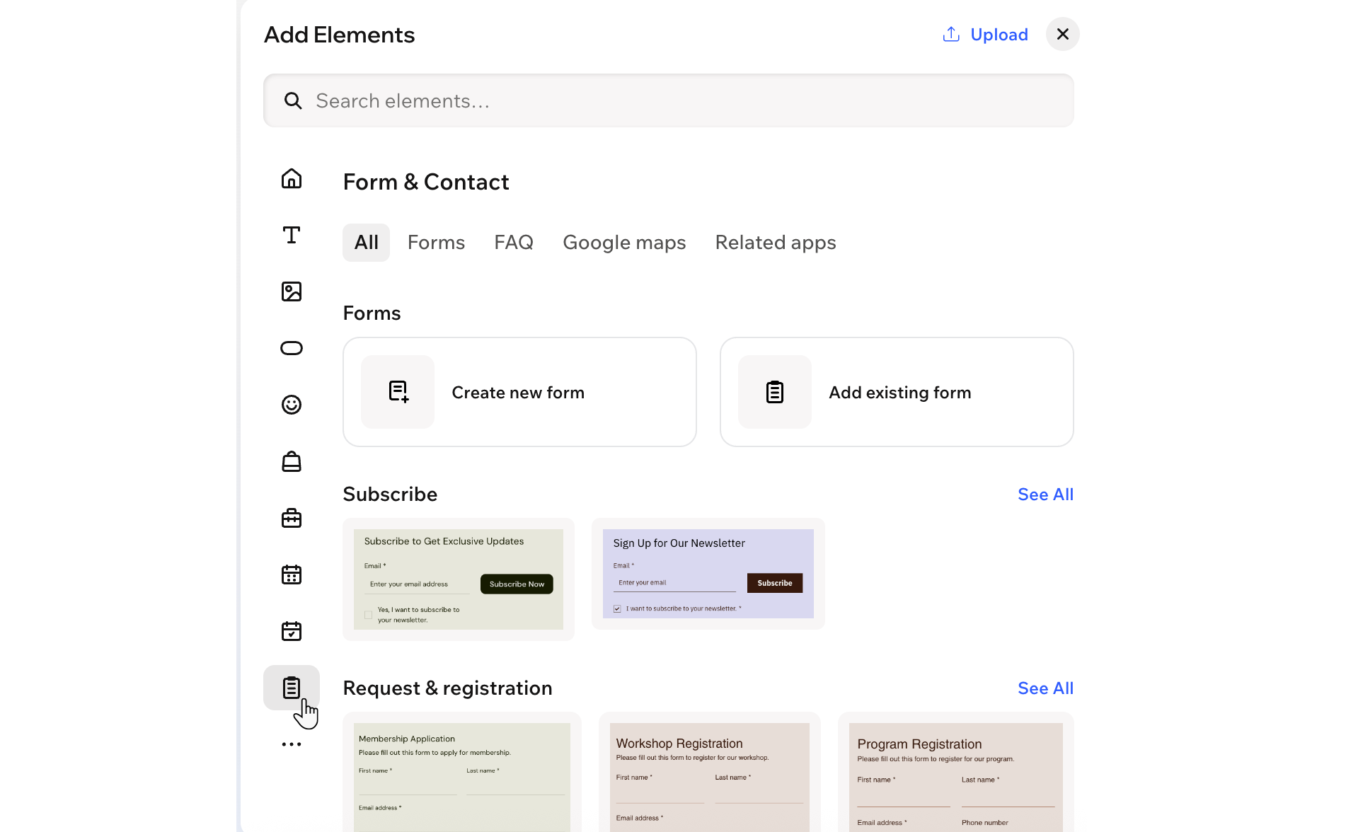 Screenshot del pannello Aggiungi elementi nell'Editor Wix Harmony