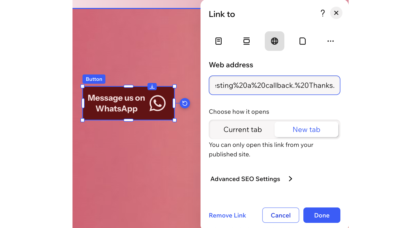 A button and the link panel in Wix Harmony, entering the WhatsApp link as a web address