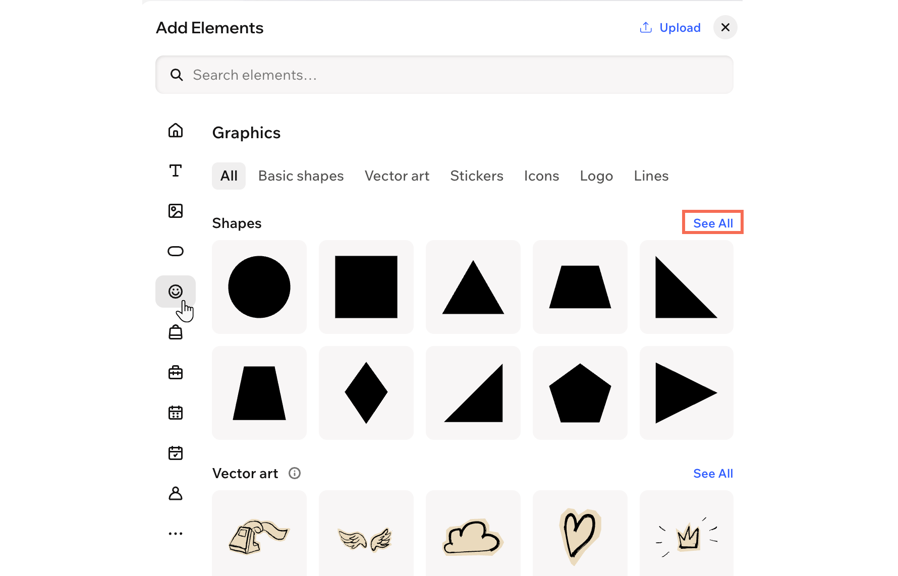 Een screenshot van de Grafische afbeeldingen-categorie in het Toevoegen-paneel.