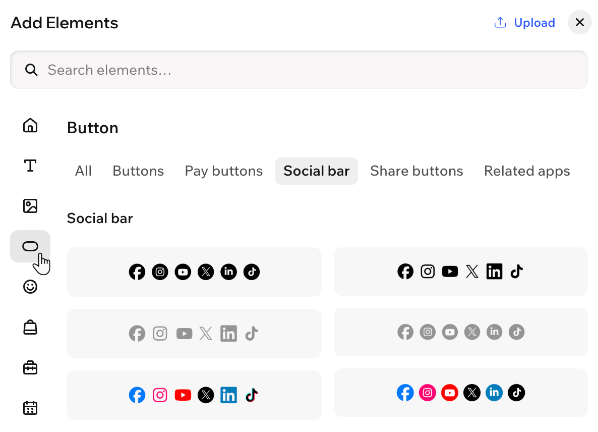A screenshot of the available social bars in the Add Elements panel.
