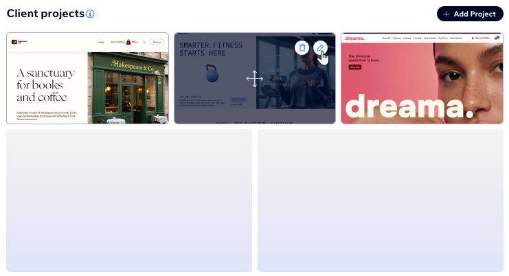 the client projects section in the Wix Studio workspace, hovering over a project to see the available options
