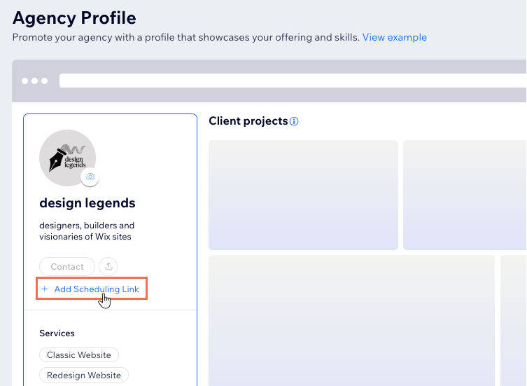 Wix Studio ワークスペースのプロフィールタブに、予約リンクを追加するためのオプションがハイライトされている様子を示したスクリーンショット。