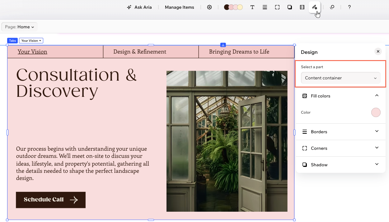 the tabs element in the wix harmony editor and the design panel, the content container part is selected
