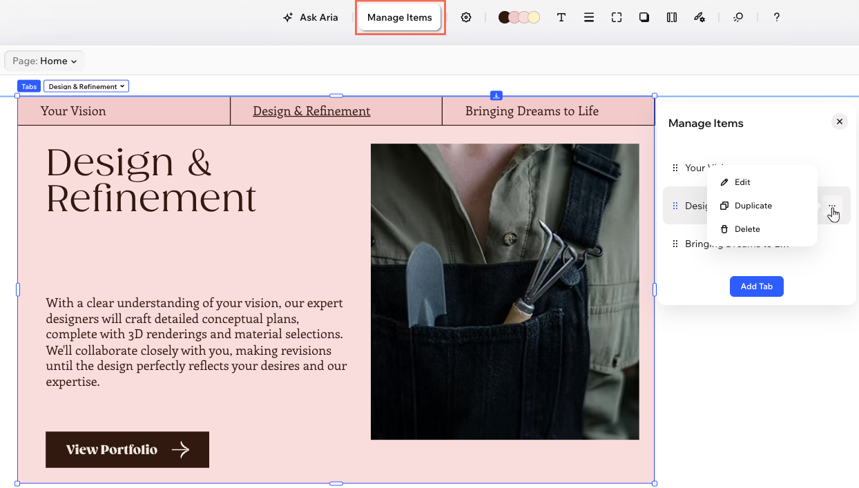 the tabs element in the wix harmony editor and the manage items panel, showing the available options for an item