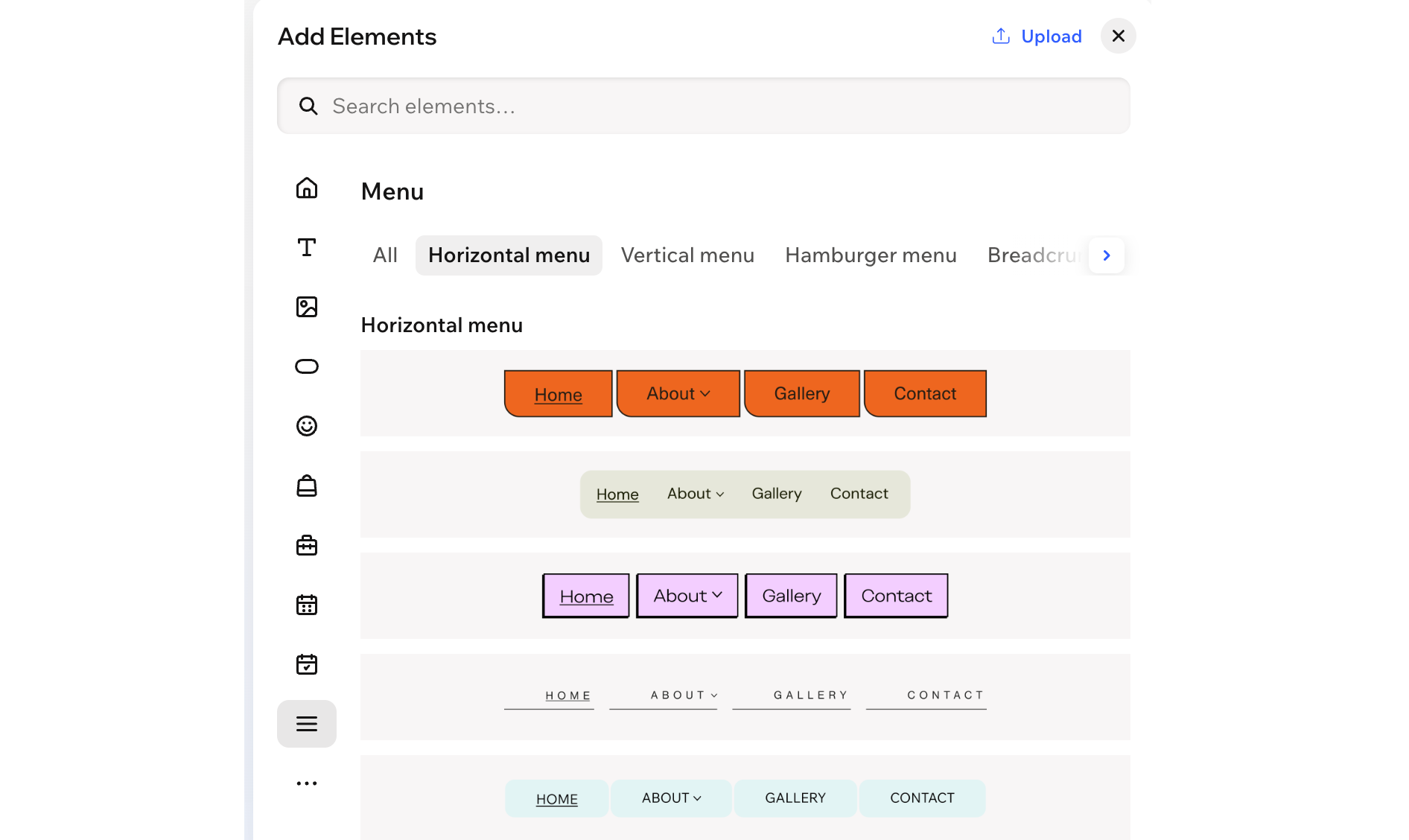 The main page of the Menu category of the Add Elements panel in the Wix Harmony Editor