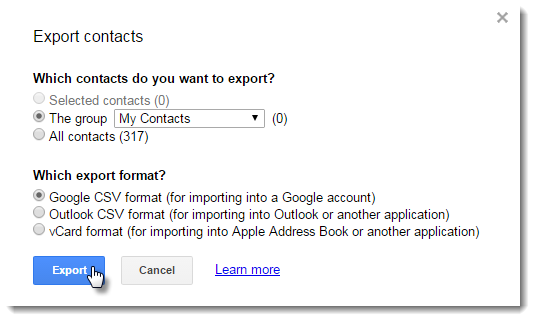 export outlook contacts to csv file