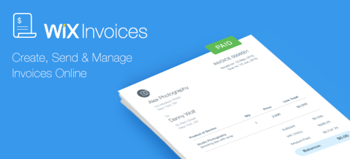 Captura de pantalla que muestra una imagen promocional de Wix Invoices.
