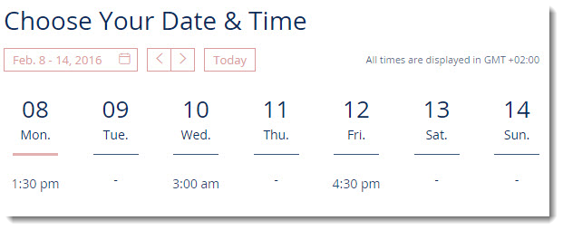 Captura de pantalla que muestra una vista semanal de los horarios de clase disponibles en un sitio de Wix Bookings.