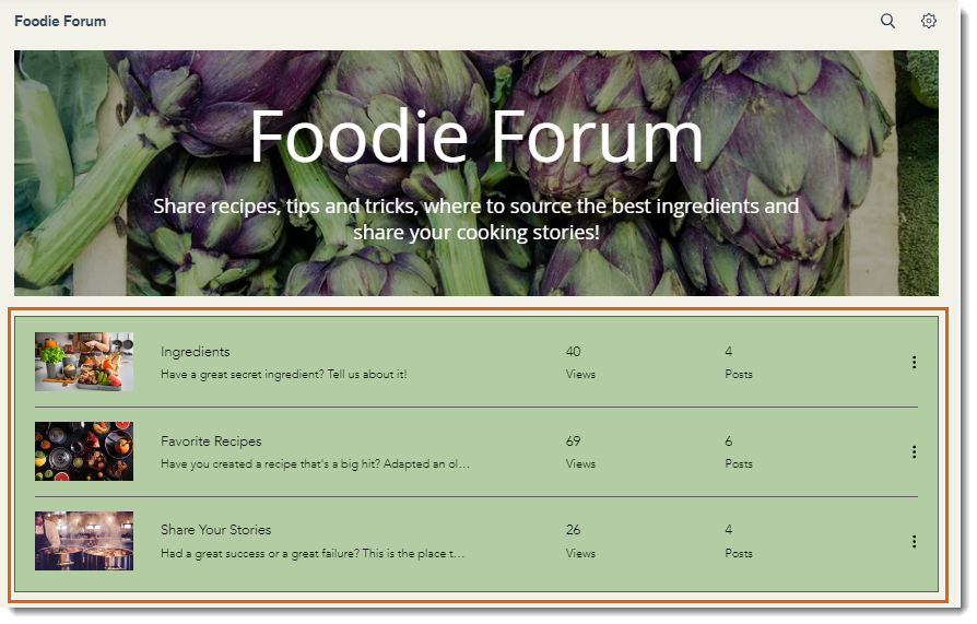 Screenshot che mostra le categorie del forum