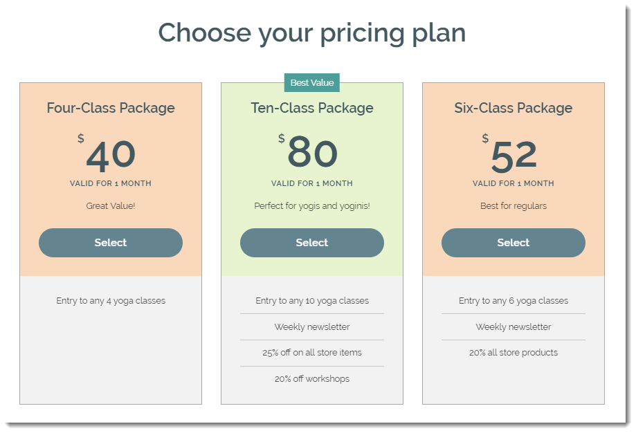 A screenshot showing another example of a plan picker on a site with different benefits.