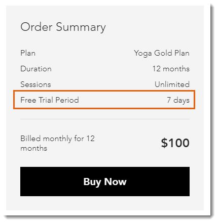 Free trial period details displayed before purchasing a plan.