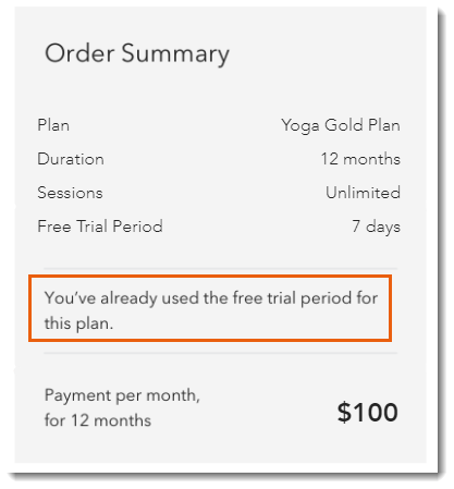 Notification that free trial period has already been used for a plan.