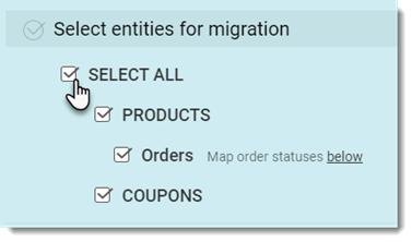 Screenshot of the Cart2Cart App page where you select what you want to migrate to Wix