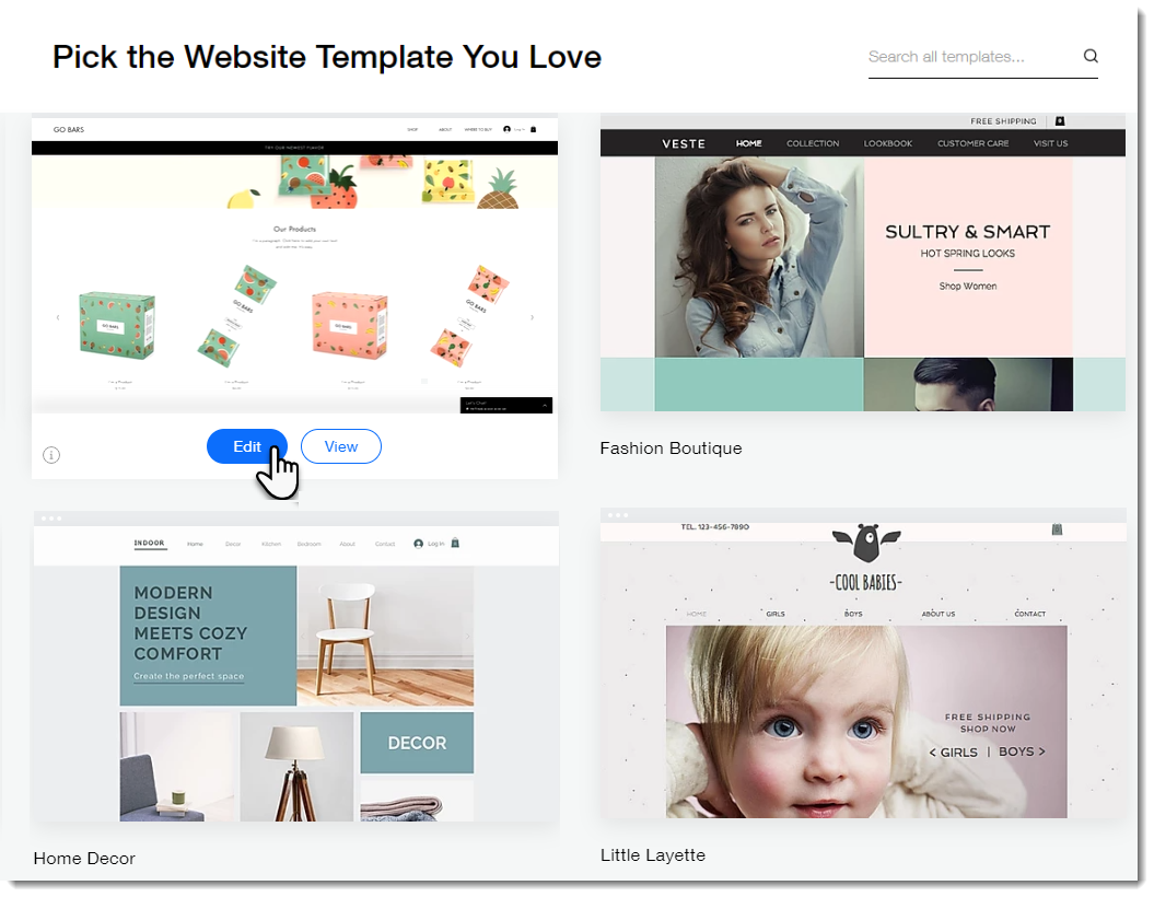 Screenshot of the Wix templates page, displaying store templates