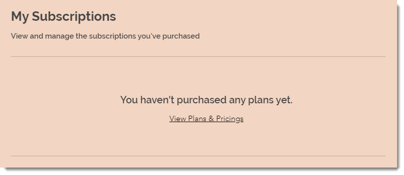 A My Subscriptions section with no plans purchased yet.