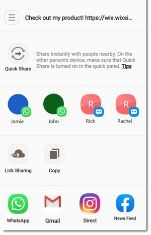 A screenshot of sharing a product using the Wix app.