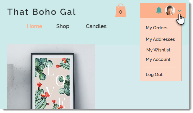 Captura de tela de um site com o Wix Stores com o dropdown da área de membros expandido