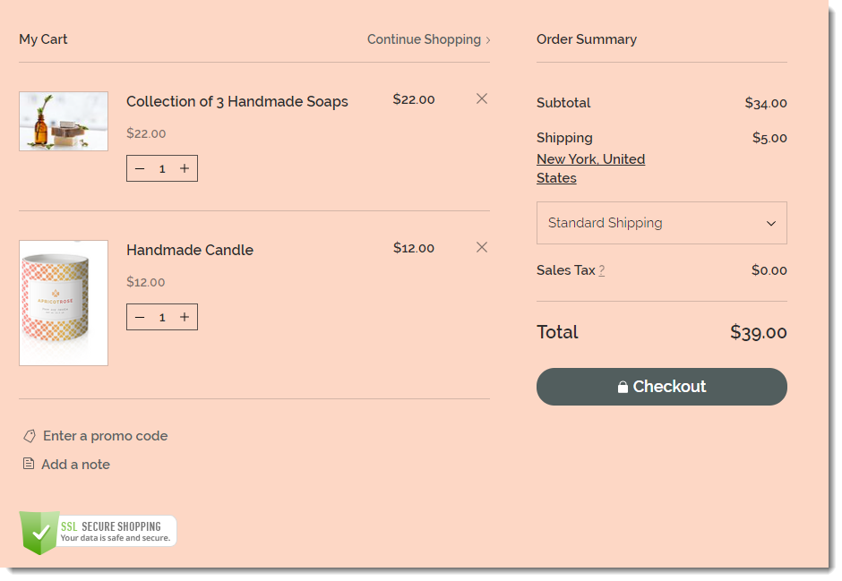 Screenshot of the Wix Stores Cart Page