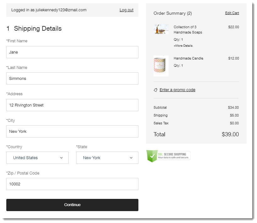 Screenshot der Checkout-Seite von Wix Stores.