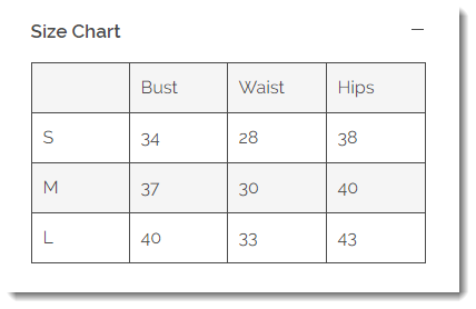 Screenshot of a size chart in an info section of a product in Wix stores