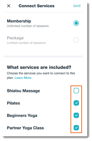 A screenshot showing how to connect services to a pricing plan in the wix owner app.