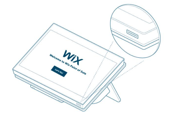 Drawing of the Wix Retail POS tablet, showing where the power button is