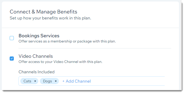 Connecting video channels to pricing plans through the dashboard on a Wix site.