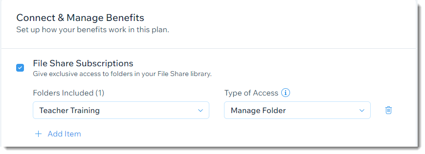 Adding File Share subscriptions in the dashboard of a Wix site.