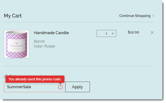 Screenshot of the cart page where a customer tries to enter a coupon code that has already been used & can only be used once