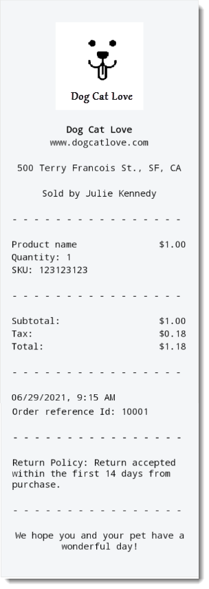 Screenshot of a sample Wix Retail POS receipt