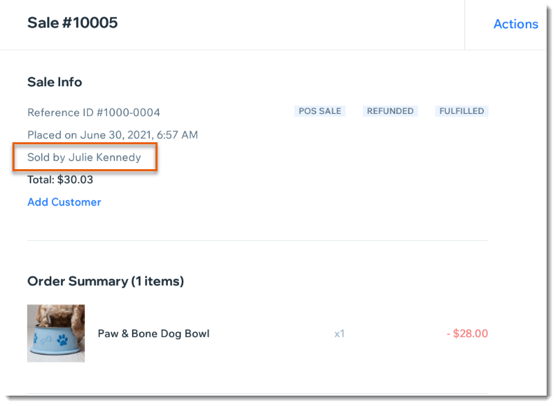 Screenshot of a sale in the sales history tab in Wix Retail POS, with the staff member who processed the sale outlined