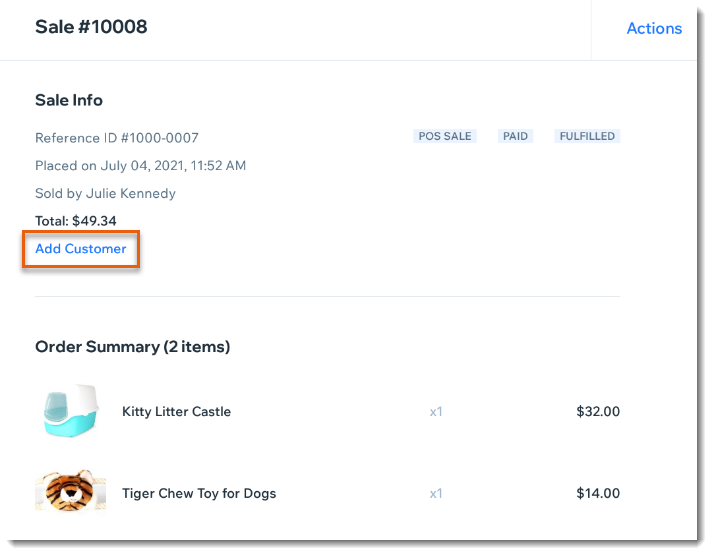 Screenshot of a sale in the sales history tab in Wix POS, with the Add Customer link outlined
