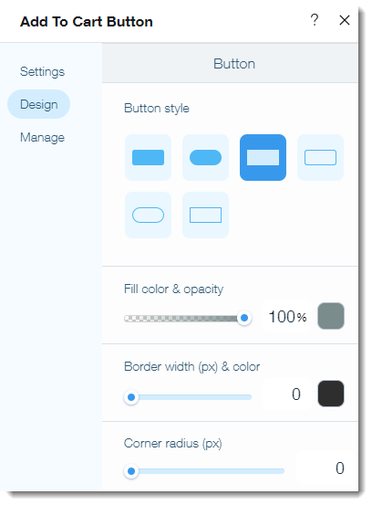 Capture d'écran des options de design disponibles avec le bouton d'ajout au panier