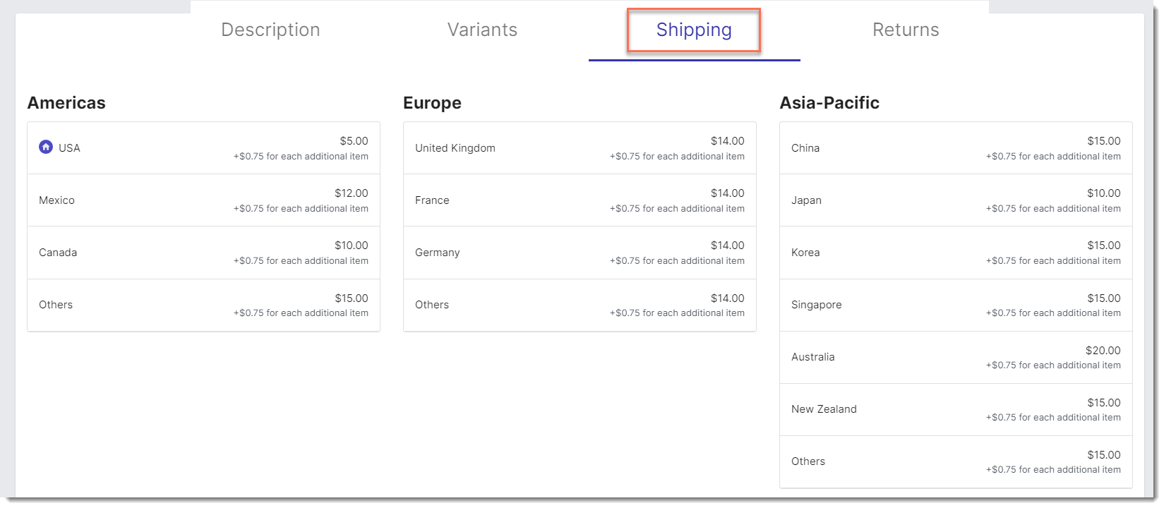 A screenshot showing the Shipping tab in the Modalyst app.