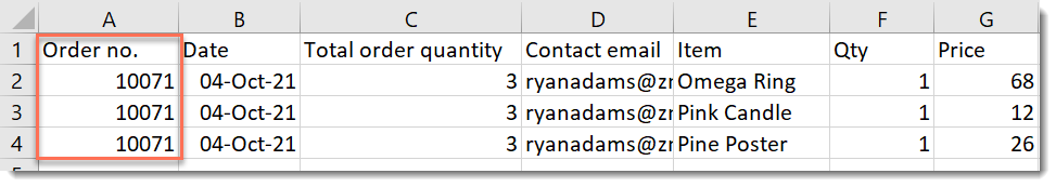 Screenshot of part of a spreadsheet with exported orders where each item in the order is a separate row